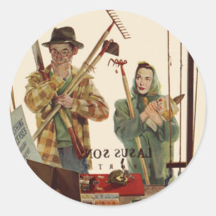 Sticker Rond Mari et femme vintage avec outils de jardinage