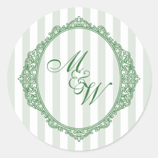 Sticker Rond Mariage à Amalfi Coast Sage Stripe Crest Monogram