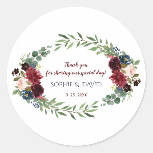 Sticker Rond Mariage à fleurs florales bleu de la marine Merlot