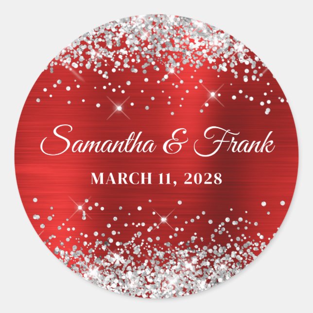 Sticker Rond Mariage à huile rouge Parties scintillant d'argent (Devant)