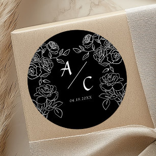 Sticker Rond Mariage à la Rose Noire Monogramme Initiales Roman