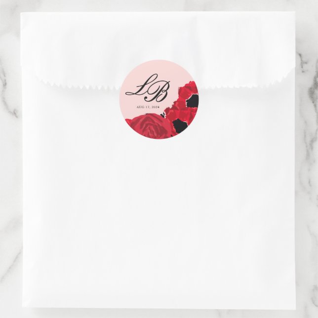 Sticker Rond Mariage Abstrait de roses rouges et de pavots (Sac)
