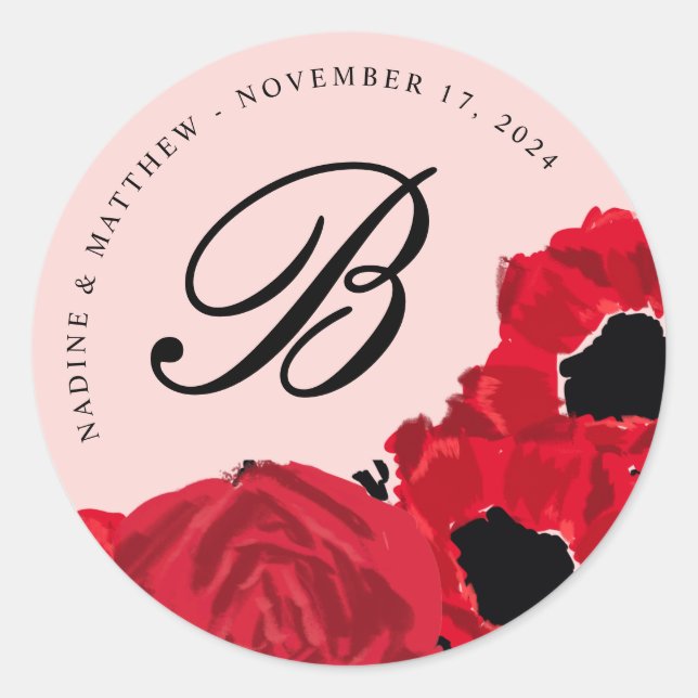 Sticker Rond Mariage Abstrait de roses rouges et de pavots init (Devant)