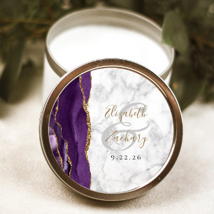 Sticker Rond Mariage Agate Purple Gold Script Marbre