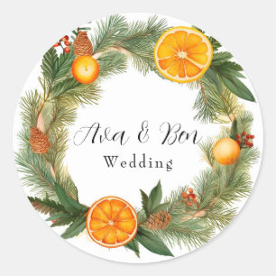 Sticker Rond Mariage aiguilles de pin vert tranche orange