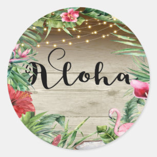 Sticker Rond Mariage Aloha Tropical Bois Floral Feuilles & Lumi