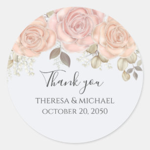 Sticker Rond Mariage Aquarelle Floral Merci Rose Élégant