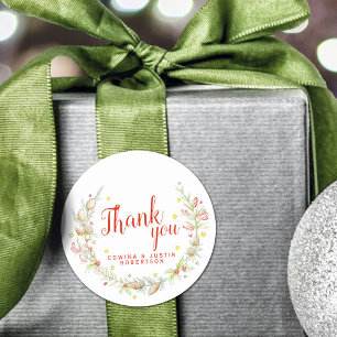 Sticker Rond Mariage aquarelle hiver vert rouge merci