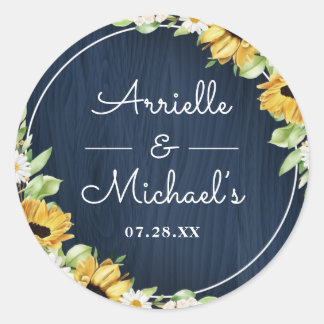 Sticker Rond Mariage Arrière - plan Rustic Sunflower Navy Blue