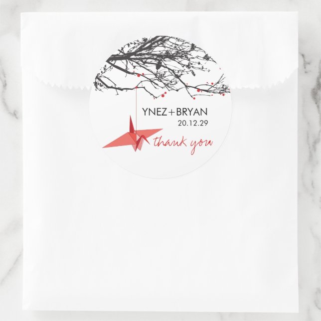 Sticker Rond Mariage asiatique Chic Rouge Origami Papier Grue (Sac)