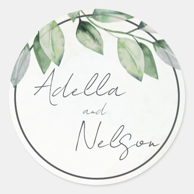 Sticker Rond Mariage aux douces feuilles vertes  (Devant)