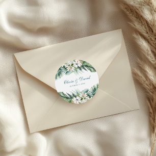 Sticker Rond Mariage aux feuilles tropicales et fleurs blanches