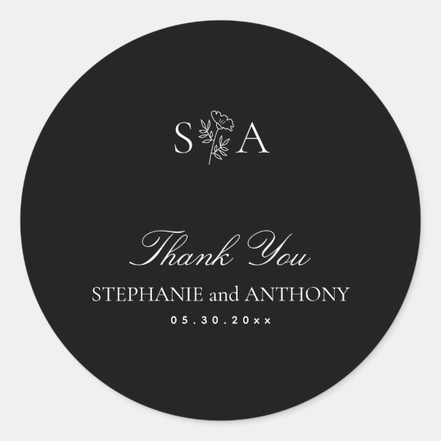 Sticker Rond Mariage aux fleurs sauvages noir et blanc Monogram (Devant)