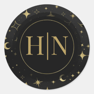 Sticker Rond Mariage Black & Gold Celestial Moon Stars