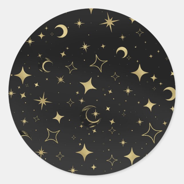 Sticker Rond Mariage Black & Gold Celestial Moon Stars (Devant)