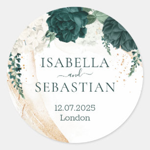 Sticker Rond Mariage Blanc Émeraude Rose Floral Vert