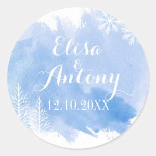 Sticker Rond Mariage bleu aquarelle moderne Enregistrer la date