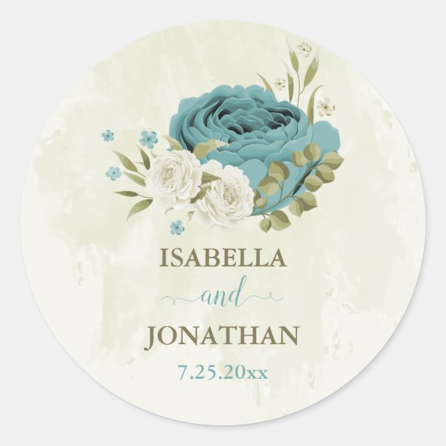 Sticker Rond mariage bleu blanc fleurs verdure (Devant)