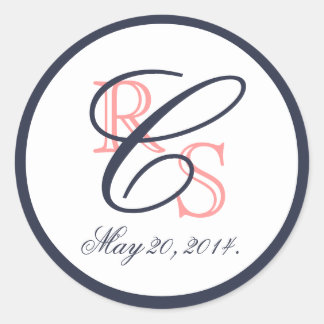 Sticker Rond Mariage bleu de la marine de corail monogramme