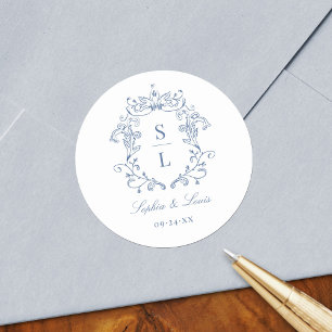 Sticker Rond Mariage bleu de monogramme de crête baroque élégan
