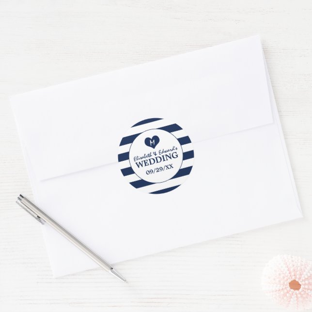 Sticker Rond Mariage bleu et blanc de marine moderne chic (Enveloppe)