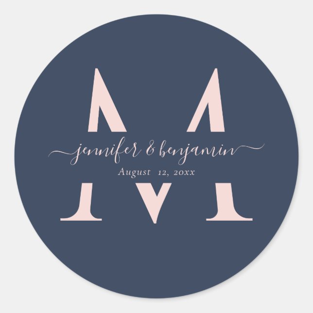 Sticker Rond Mariage bleu marine Monogramme Enveloppe Phoques (Devant)