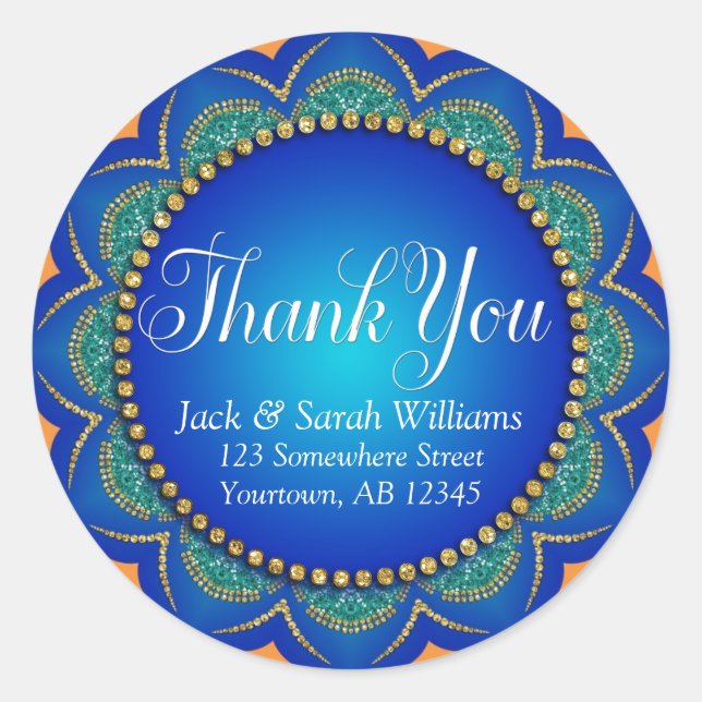 Sticker Rond Mariage bleu orange exotique Favoriser Merci Stick (Devant)