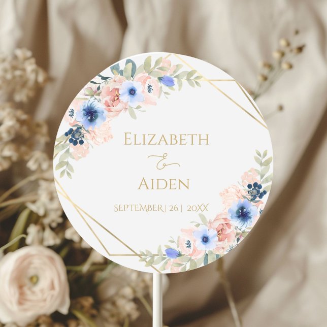 Sticker Rond Mariage bleu pêche personnalisé (Personalized Peach Blue Wedding Classic Round Sticker with your name and date)