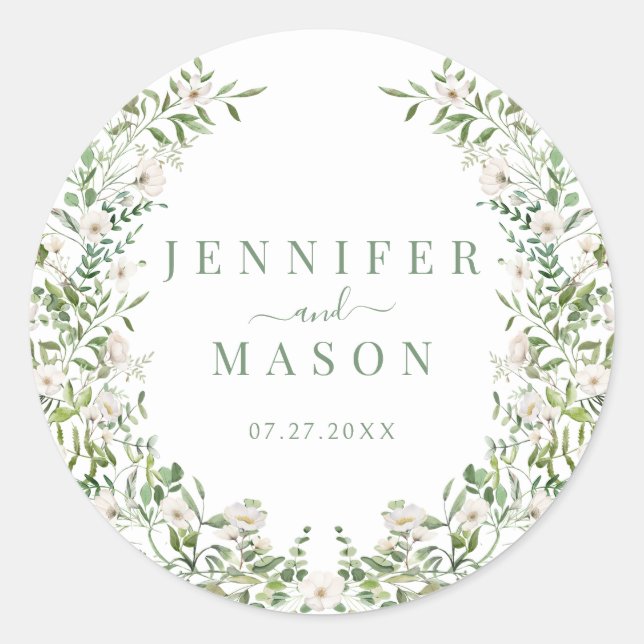 Sticker Rond Mariage bohème blanc fleuri couronne (Devant)