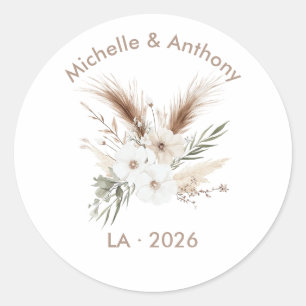 Sticker Rond Mariage Bohème Chic avec Herbe des Pampas Rustique