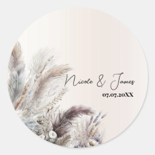 Sticker Rond Mariage Bohème Floral Terreux avec Plumes