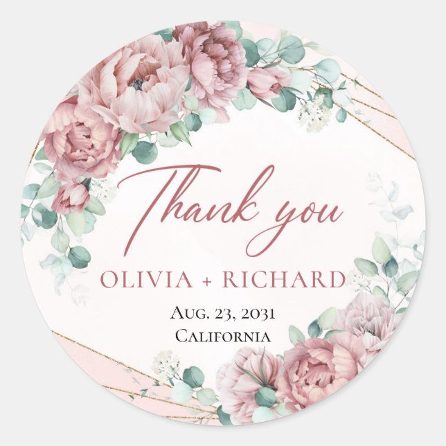 Sticker Rond Mariage bohème roses feuillage doré (Devant)