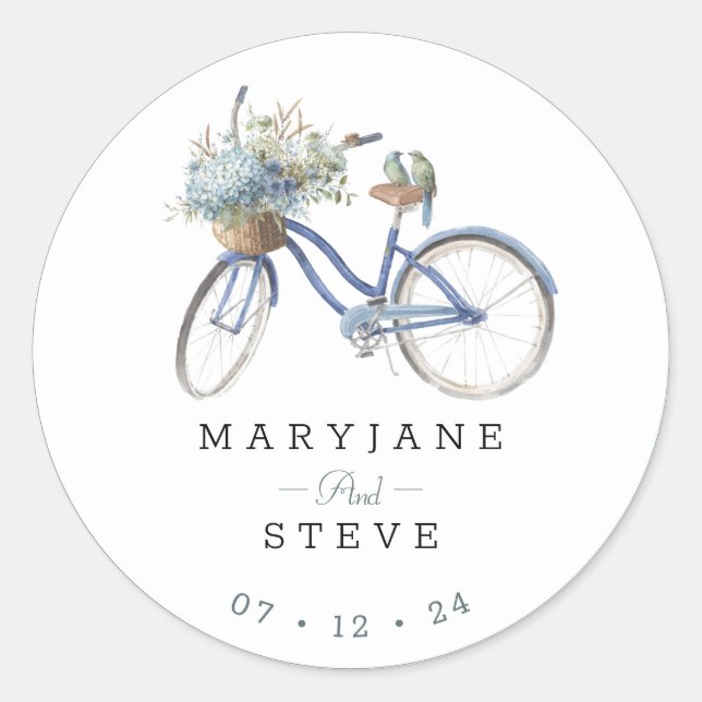 Sticker Rond Mariage Bohemian Blue Bicycle Watercolor (Devant)