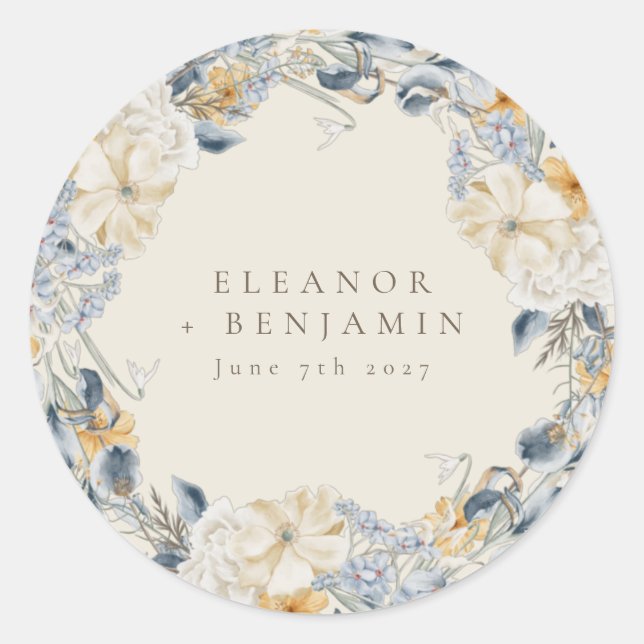 Sticker Rond Mariage Boho bleu rustique jaune Floral (Devant)