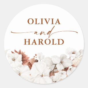 Sticker Rond Mariage Boho en terre cuite et fleurs blanches