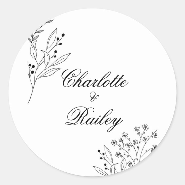Sticker Rond Mariage Boho floral noir et blanc (Devant)