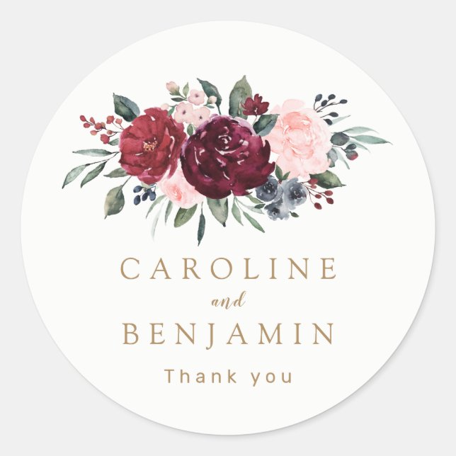 Sticker Rond Mariage boho rustique bordeaux aquarelle (Devant)