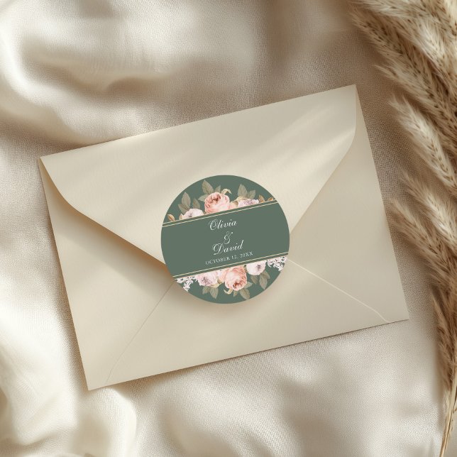 Sticker Rond Mariage Boho Sage Green Peonies (Boho Sage Green Peonies Wedding Classic Round Sticker on an elegant wedding envelope)