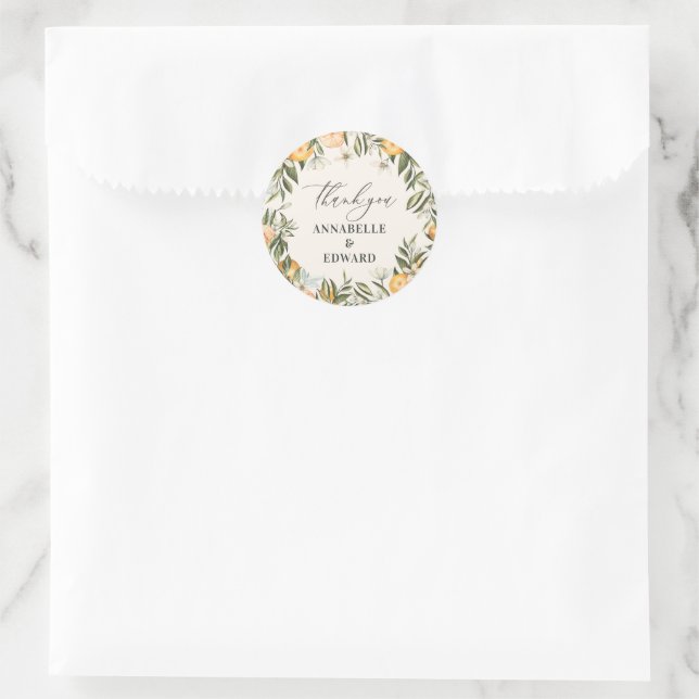 Sticker Rond mariage botanique d'agrumes d'orange merci pour (Sac)