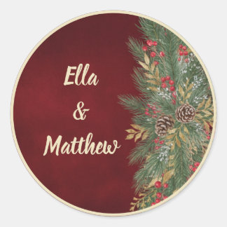 Sticker Rond Mariage botanique de Noël élégant en velours rouge