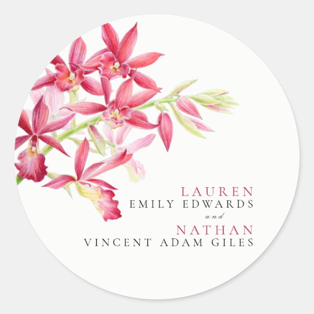 Sticker Rond Mariage botanique des fleurs d'orchidées rouges (Devant)