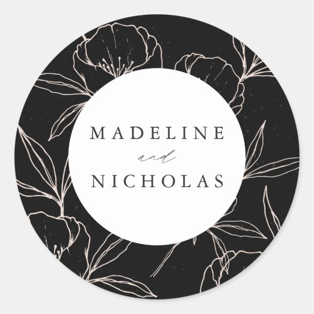 Sticker Rond Mariage botanique moderne Floral Noir & Crème (Devant)