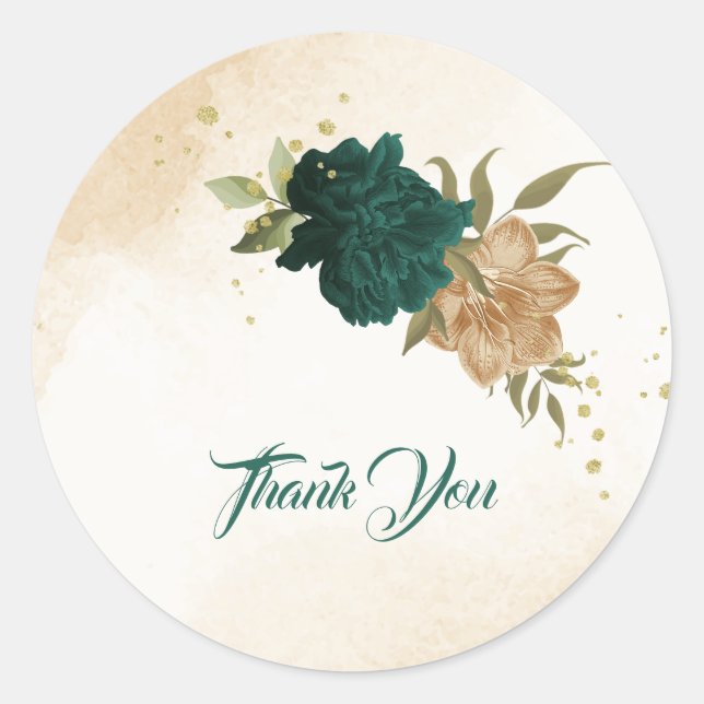 Sticker Rond Mariage botanique vert émeraude beige or (Devant)