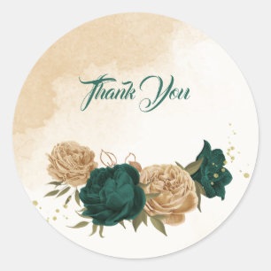 Sticker Rond Mariage botanique vert émeraude beige or