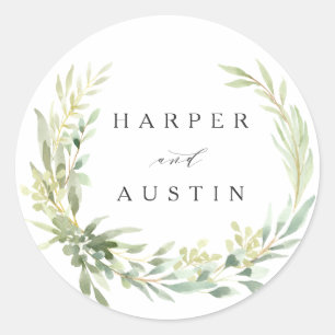 Sticker Rond Mariage botanique vert Foliage Wreath Aquarelle