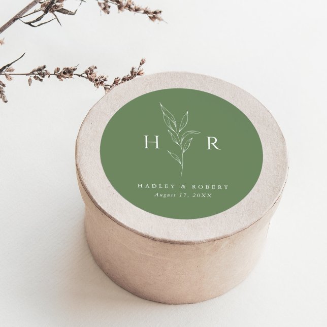 Sticker Rond Mariage botanique vert simple minimal Monogramme (Créateur téléchargé)