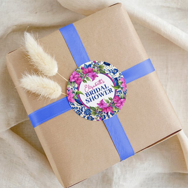 Sticker Rond Mariage bougainvillée rose et carrelage bleu (Pink Bougainvillea Blue Tile Bridal Shower Classic Round Sticker)