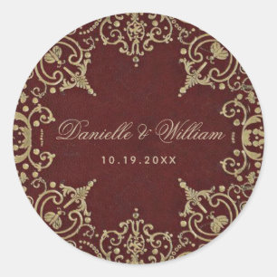Sticker Rond Mariage Bourgogne Or Vintage Élégante calligraphie