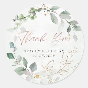 Sticker Rond Mariage Calligraphie Or Eucalyptus Rustique