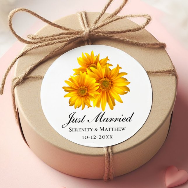 Sticker Rond Mariage campagnard Boho Sunflowers Juste Marié (Créateur téléchargé)